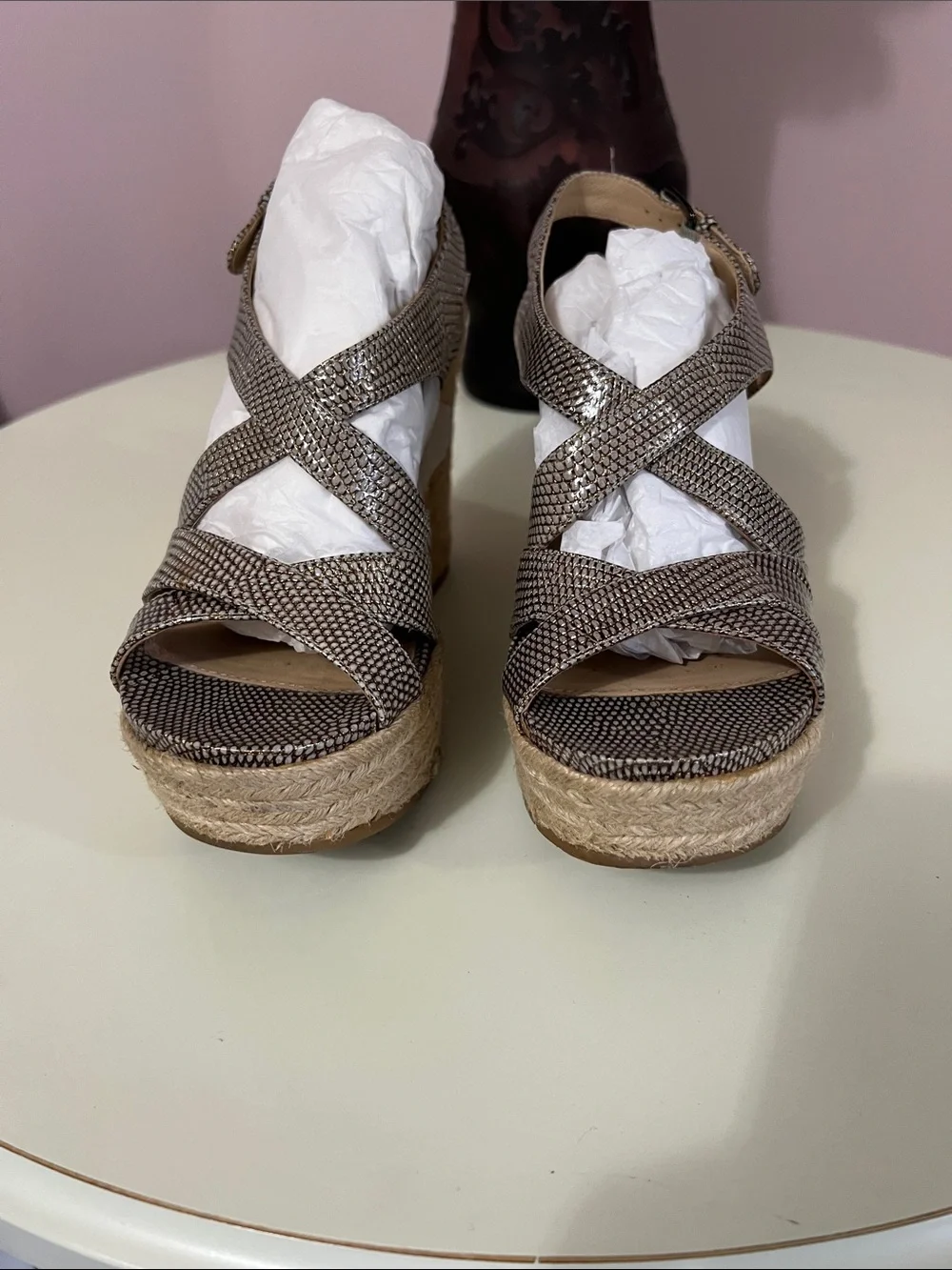 Via Spiga Metallic Taupe Espadrille Wedge Sandals